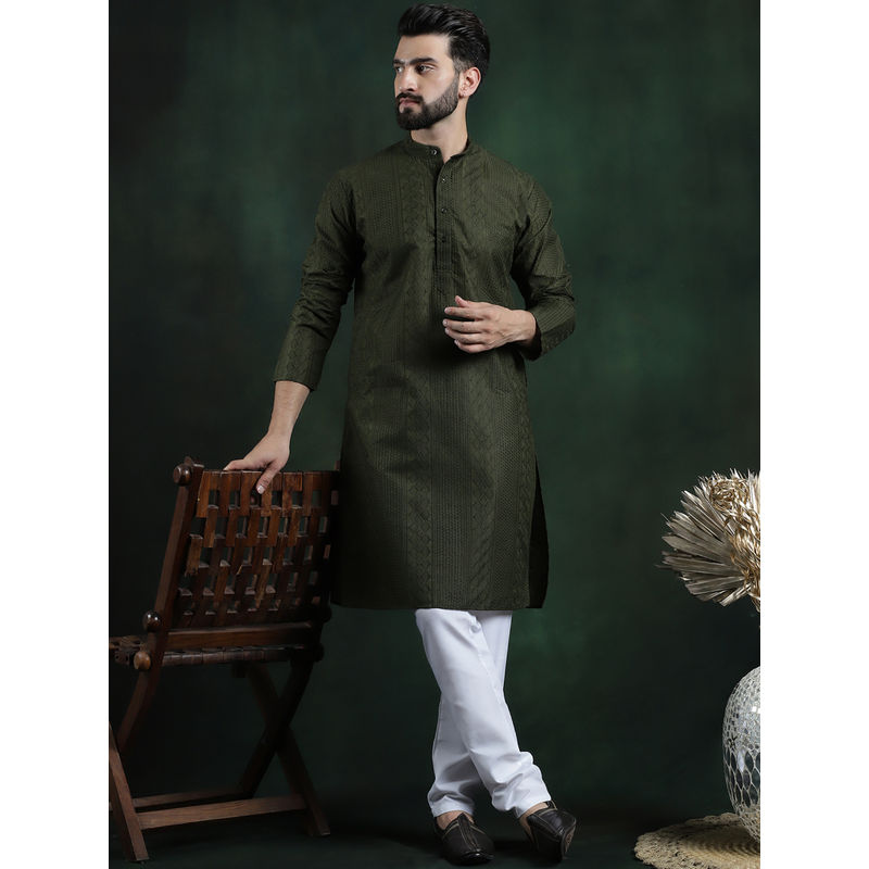 SOJANYA Men Cotton Thread Embroidered Dark Green Kurta with Pyjama (Set of 2) (36)