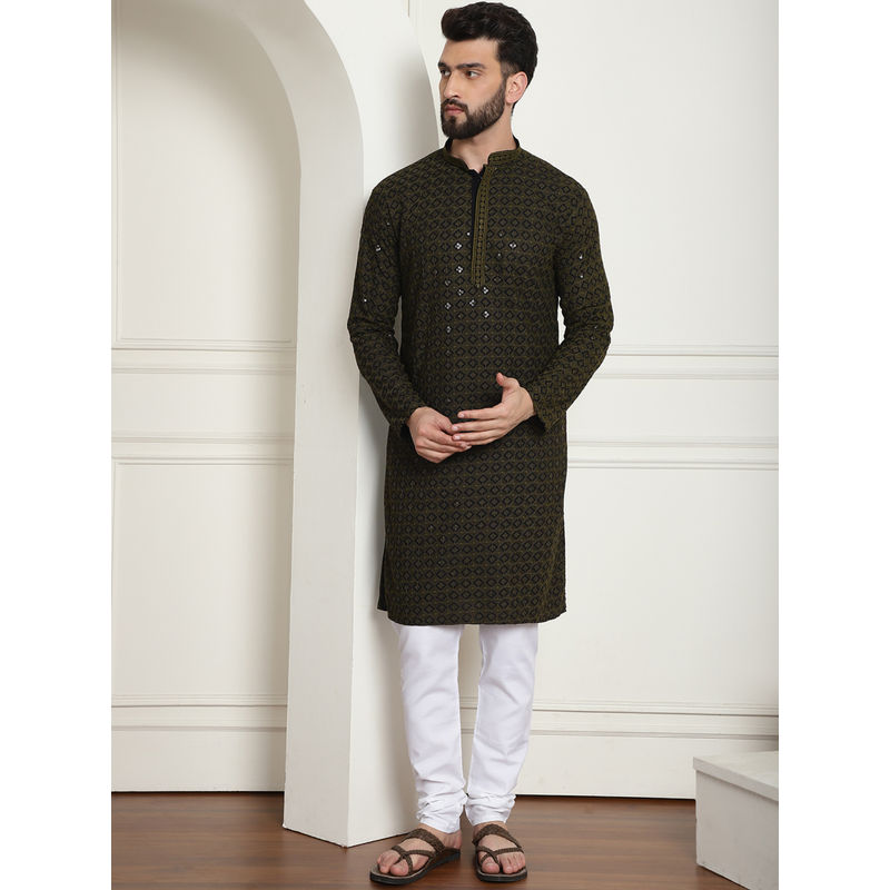 SOJANYA Men Cotton Gold Sequinned Mehndi Kurta with Pyjama (Set of 2) (42)