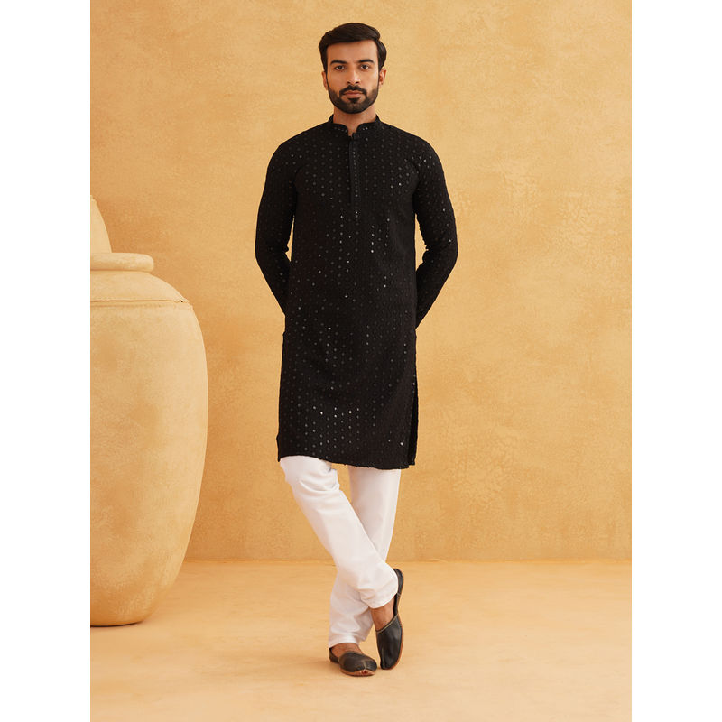 SOJANYA Men Pure Cotton Black Sequence Kurta and Pyjama (Set of 2) (36)