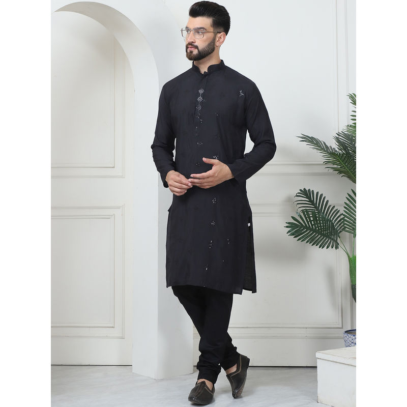 SOJANYA Men Cotton Silk Boota Embroidered Black Kurta with Pyjama (Set of 2) (36)