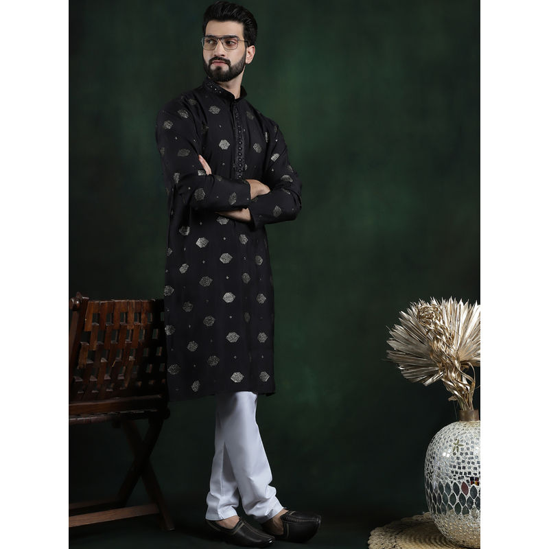 SOJANYA Men Cotton Silk Sequinned Embroidered Black Kurta with Pyjama (Set of 2) (44)