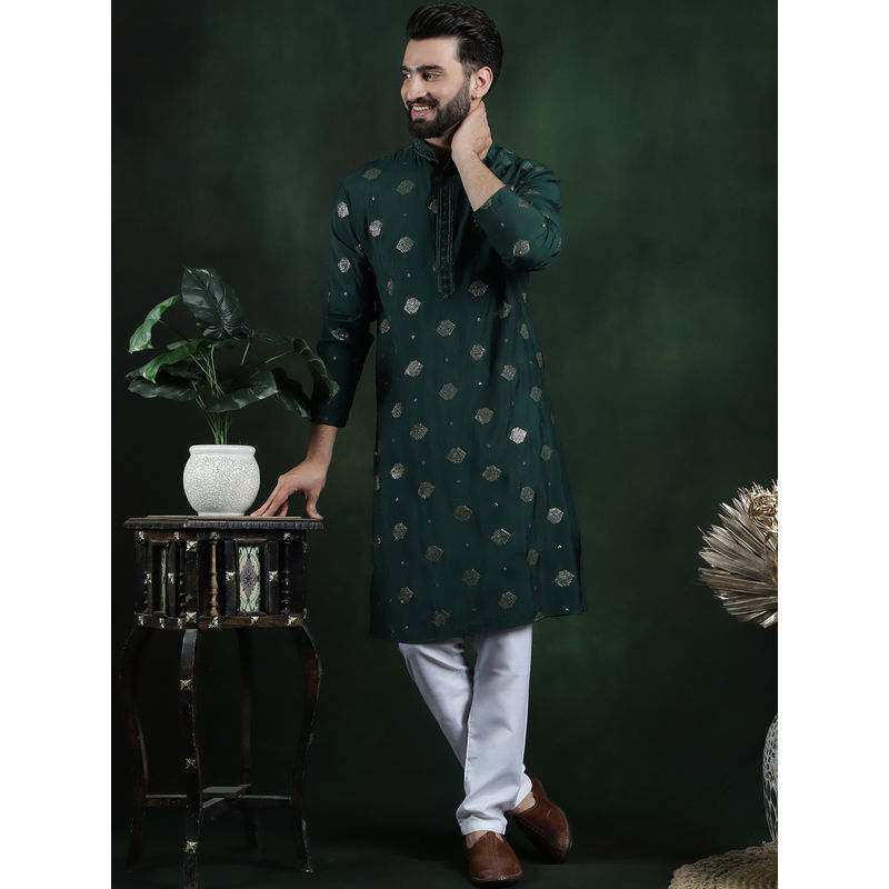 SOJANYA Men Cotton Silk Sequinned Embroidered Green Kurta with Pyjama (Set of 2) (36)