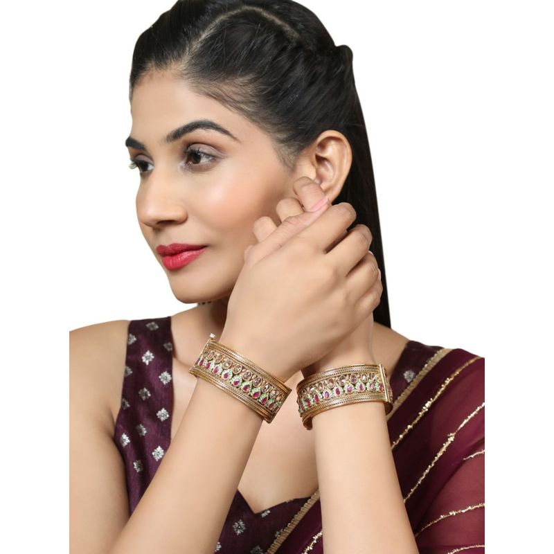 Anika's Creations 24 Ct Gold-Plated & Red Stone-Studded Enameled Minakari Kada (Set of 2) (2.8)