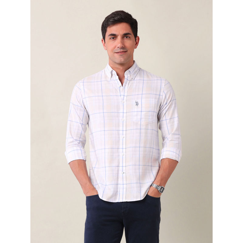 U.S. POLO ASSN. Men Grid Tattersall Checked Tailored Fit Pink Shirt (44)