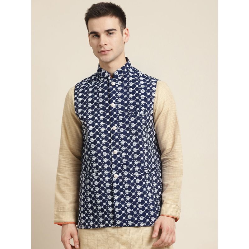 SOJANYA Silk Blend Navy Blue Embroidered Only Nehru Jacket (M)