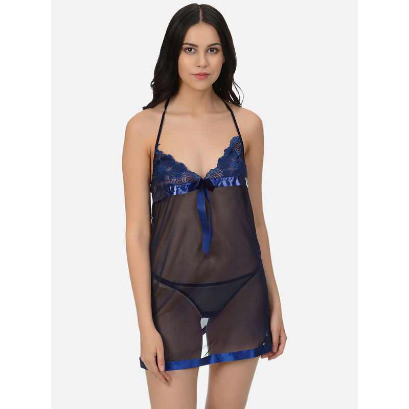 Mod & Shy Navy Blue Sexy Mesh Net Nightwear Baby doll Dress With G-String (XS)