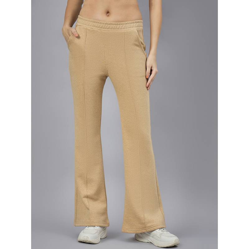 98 Degree North Women Brown Fleece Boot Cut Textured Trackpant (S)
