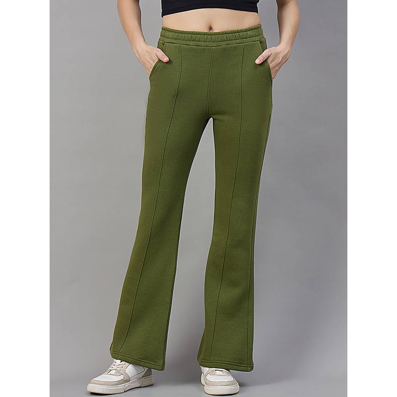98 Degree North Women Olive Fleece Flared Textured Trackpant (S)