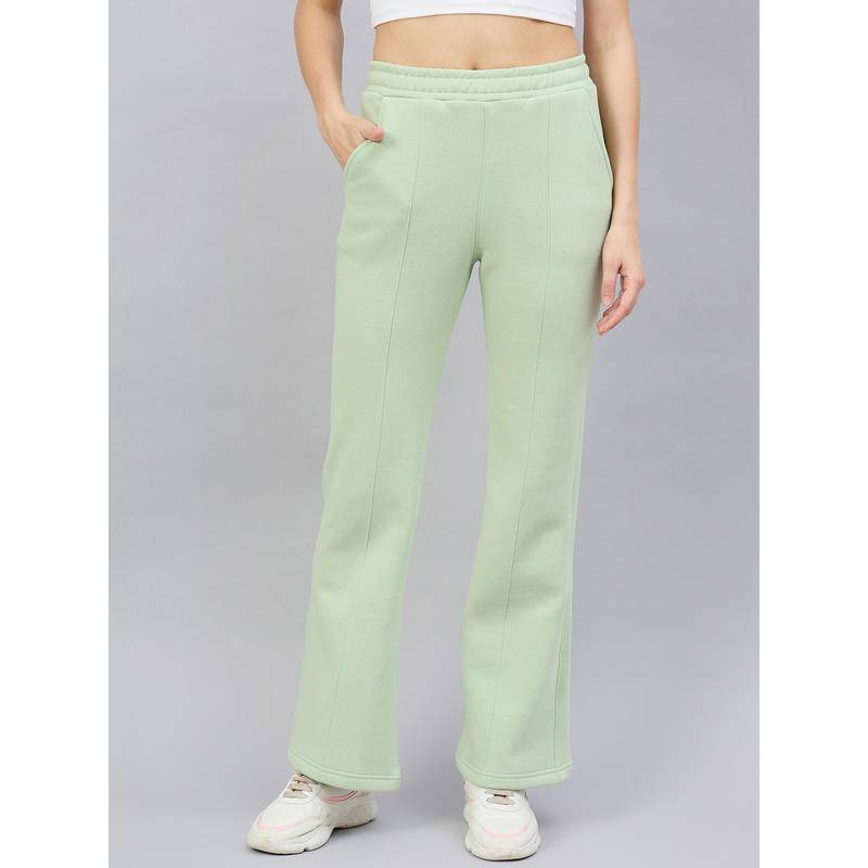 98 Degree North Women Green Fleece Flared Textured Trackpant (S)