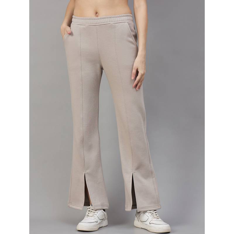98 Degree North Women Khaki Fleece Flared Textured Trackpant (S)