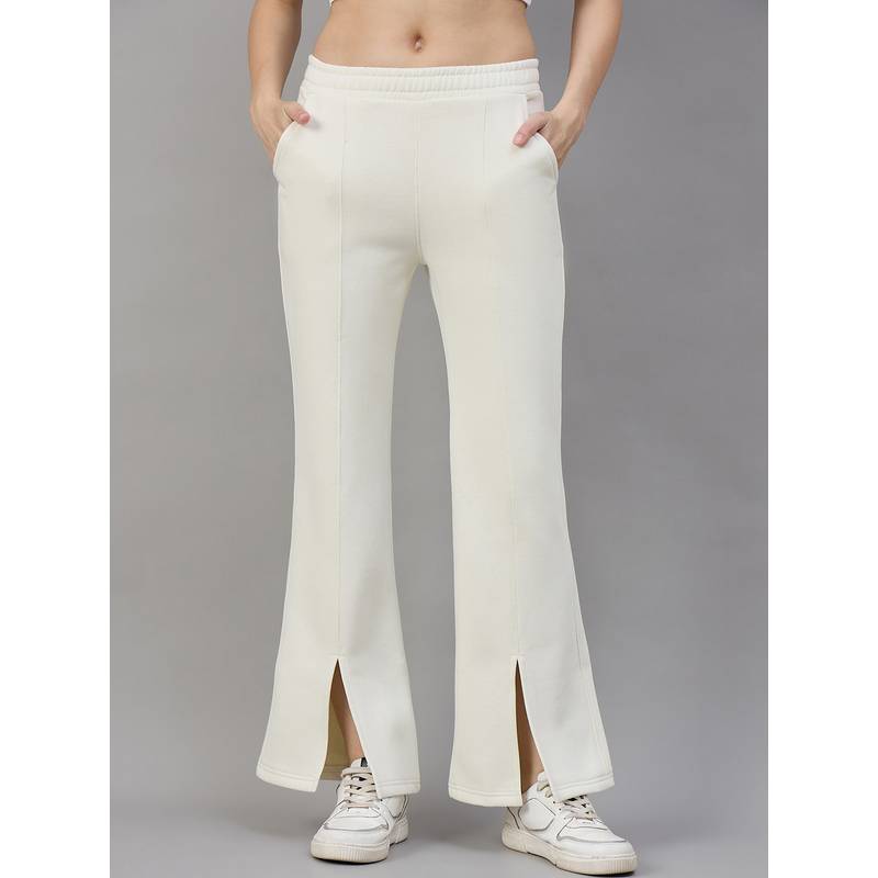 98 Degree North Women Cream Fleece Flared Textured Trackpant (S)