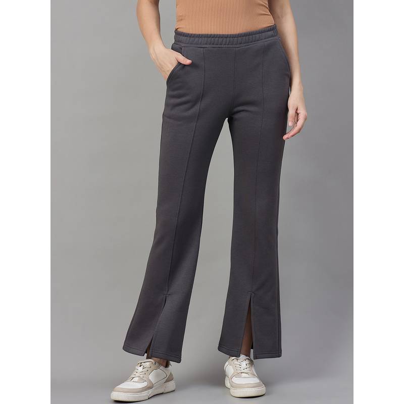 98 Degree North Women Charcoal Fleece Flared Textured Trackpant (S)