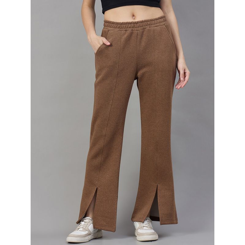 98 Degree North Women Fleece Brown Flared Textured Trackpant (S)
