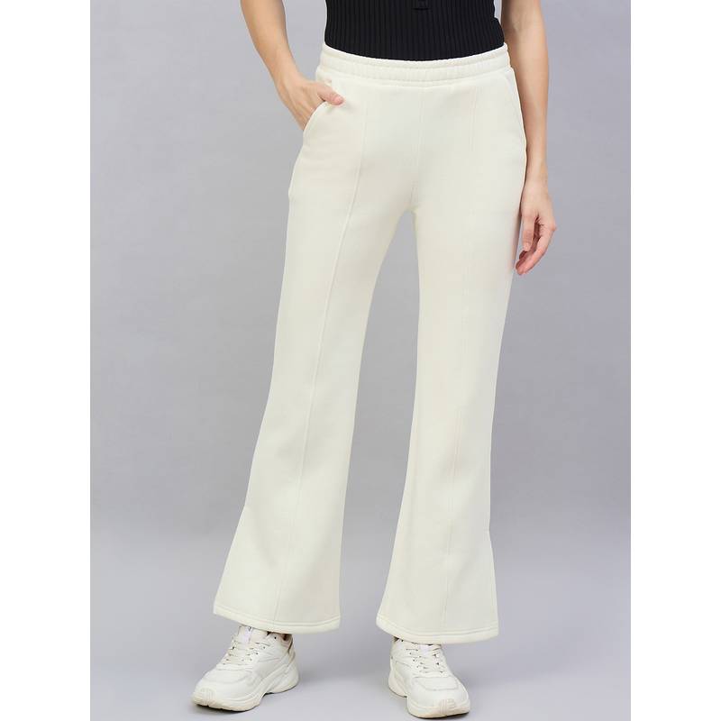 98 Degree North Women Cream Fleece Flared Textured Trackpant (S)