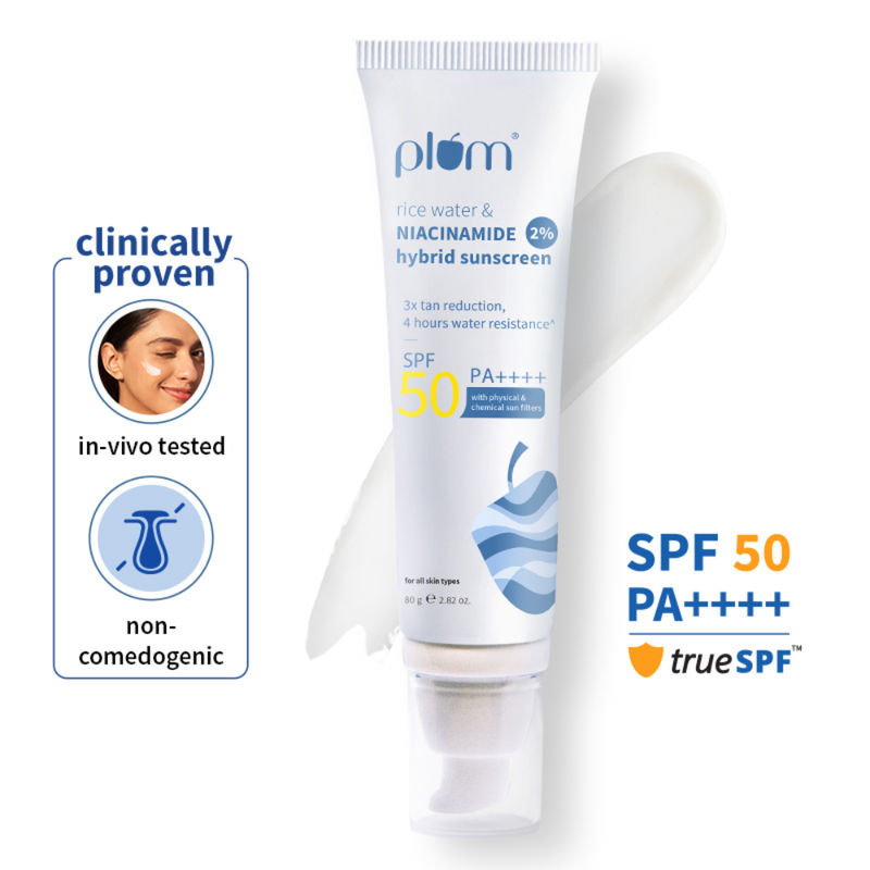 Plum 2% Niacinamide & Rice Water SPF 50 PA+++ Sunscreen, Fades Tan, For Oily To Dry Skin Type