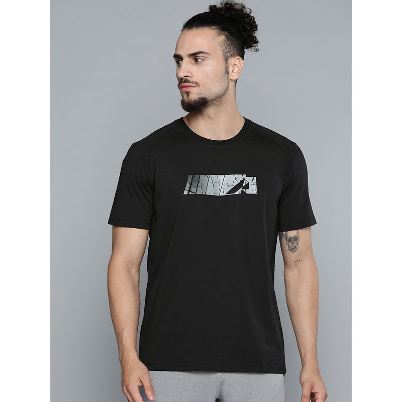 Alcis Men Black Grey Printed Slim Fit Training Or Gym T-Shirt (L)