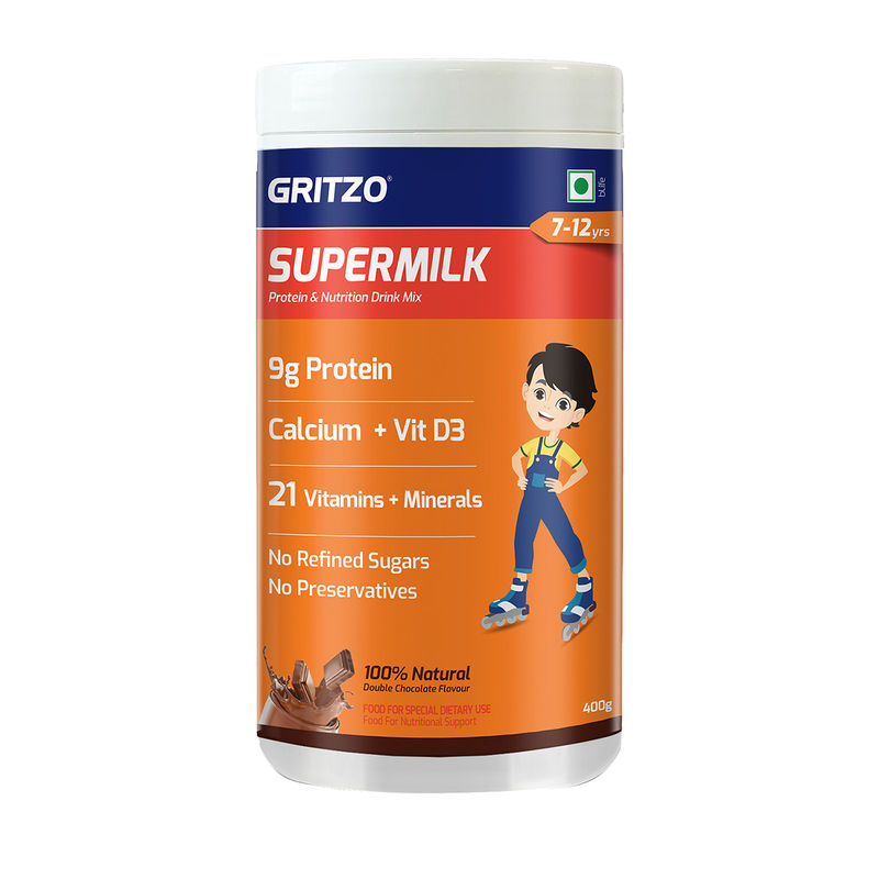 Gritzo SuperMilk for 7-12 Yrs Protein & Nutrition Drink Mix,Double Chocolate
