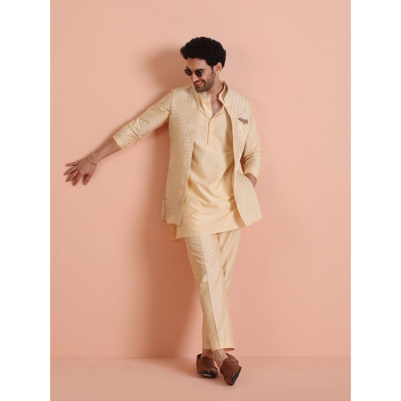 KISAH Men Cream Ethnic Motifs Mid Kurta Nehru Jacket and Pant (42)