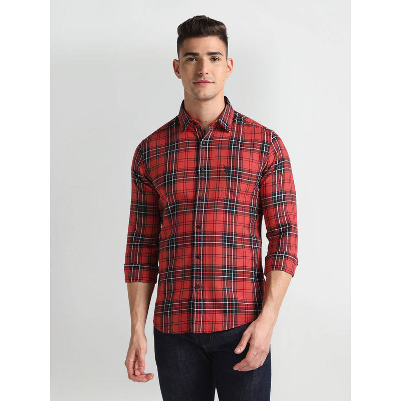 U.S. POLO ASSN. Cutaway Collar Tartan Checks Casual Shirt Red (3XL)