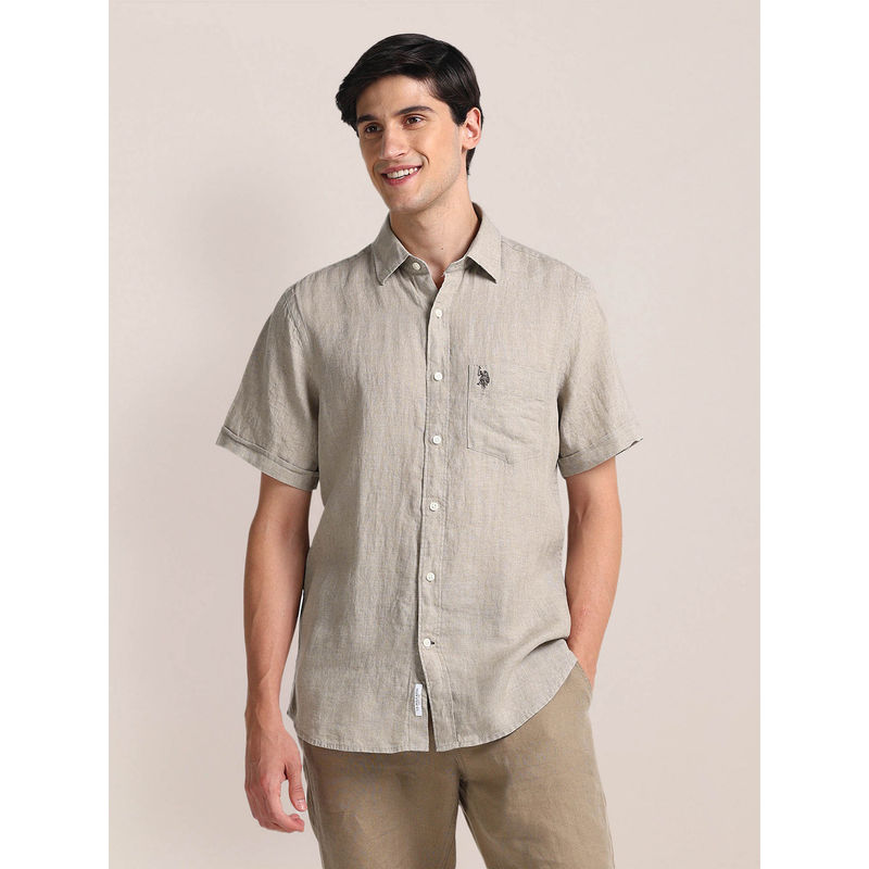 U.S. POLO ASSN. Regular Fit Linen Casual Shirt Half Sleeves Beige (M)