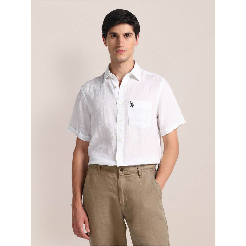 U.S. POLO ASSN. Regular Fit Linen Casual Shirt Half Sleeves White (L)