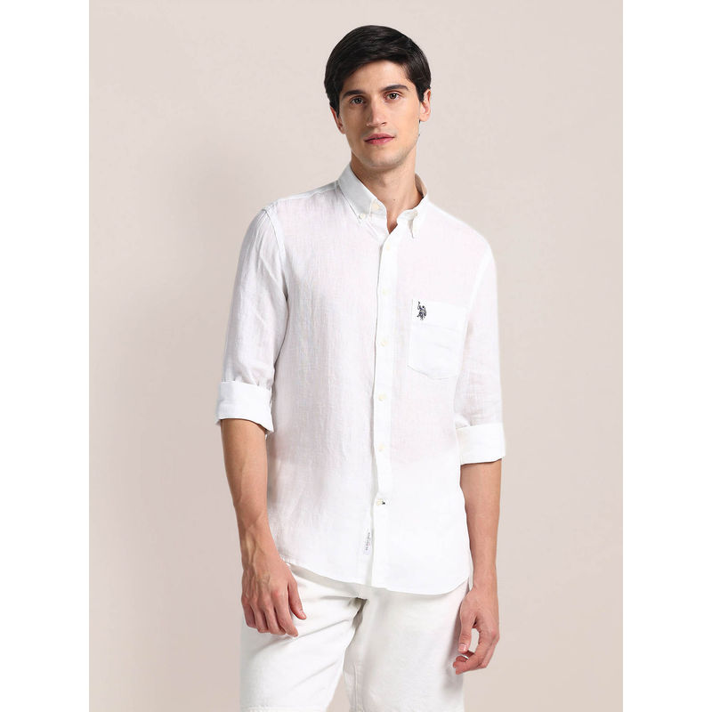 U.S. POLO ASSN. Regular Fit Linen Casual Shirt Full Sleeves White (L)