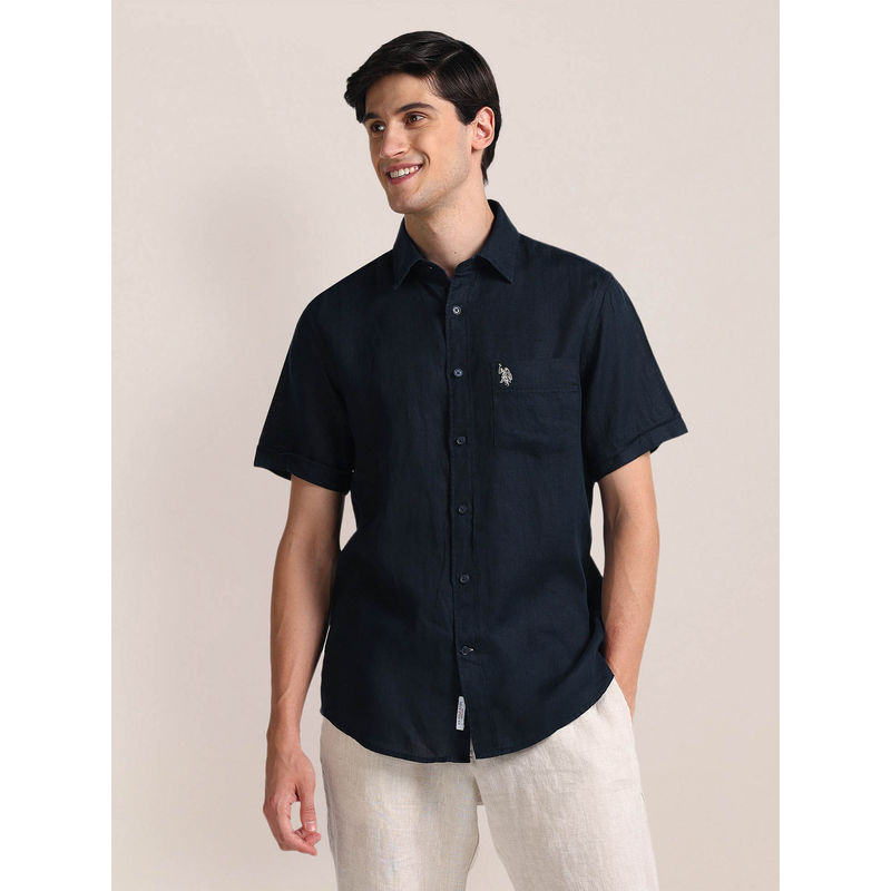 U.S. POLO ASSN. Regular Fit Linen Casual Shirt Half Sleeves Navy Blue (2XL)