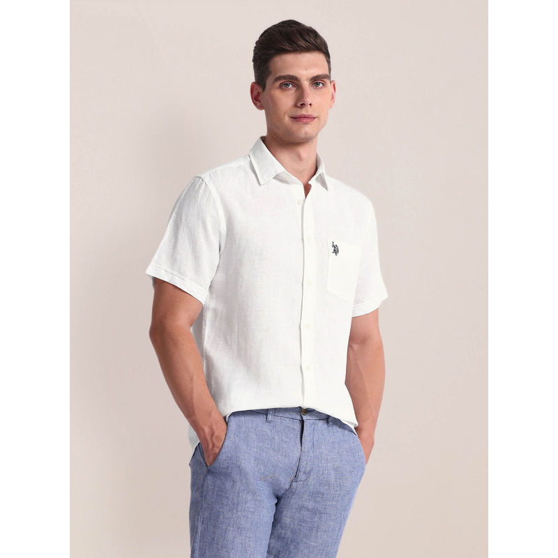 U.S. POLO ASSN. Regular Fit Linen Casual Shirt Half Sleeves White (L)