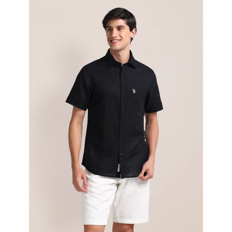 U.S. POLO ASSN. Regular Fit Linen Casual Shirt Half Sleeves Black (S)