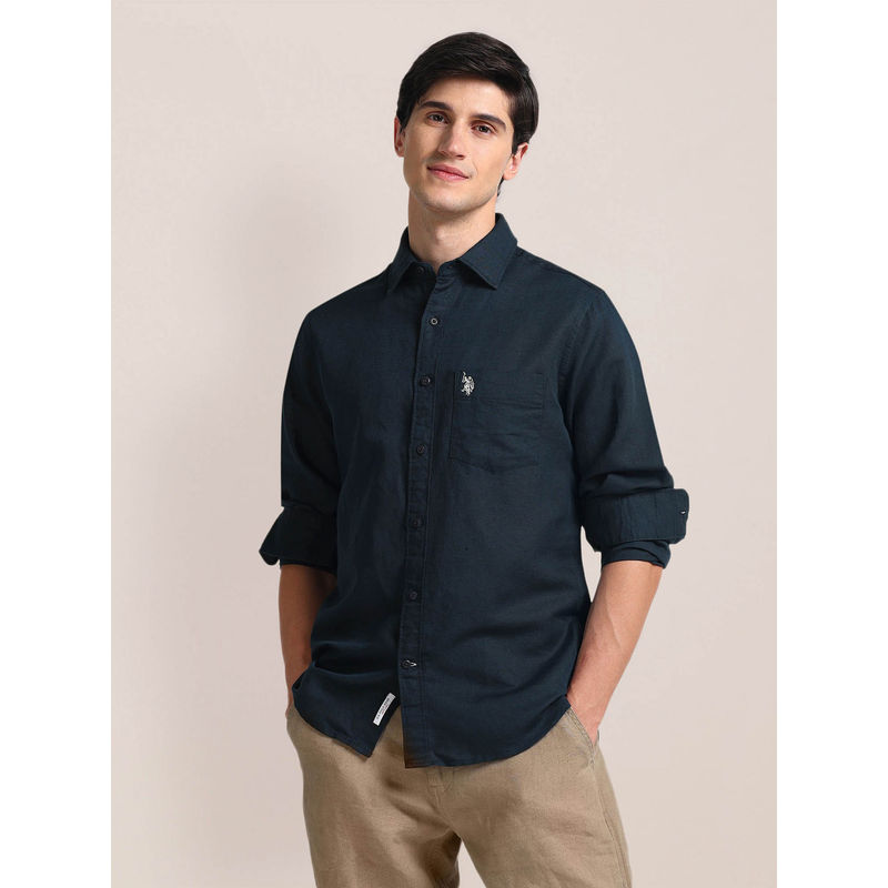 U.S. POLO ASSN. Regular Fit Linen Casual Shirt Full Sleeves Navy Blue (2XL)