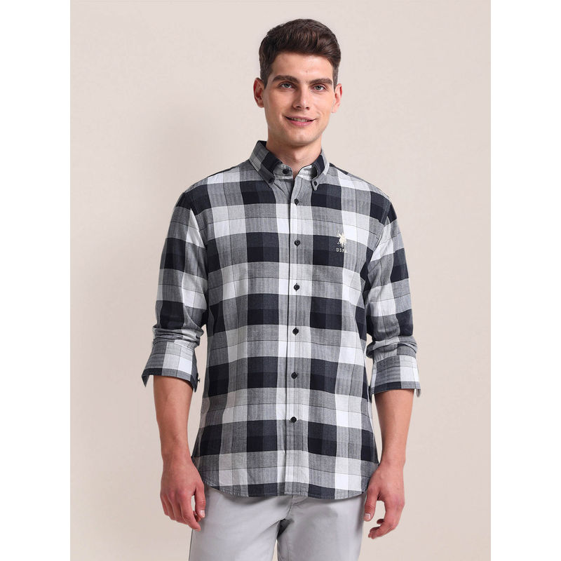 U.S. POLO ASSN. Herringbone Cotton Checks Casual Shirt Grey & White (XL)