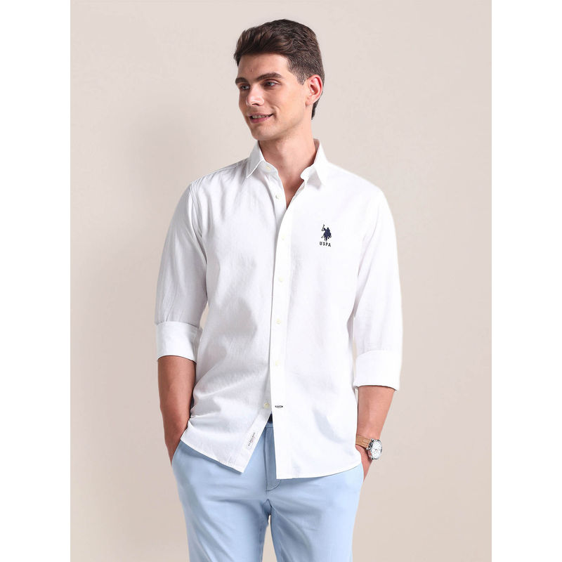 U.S. POLO ASSN. Semi Cutaway Collar Cotton Solid Casual Shirt White (L)