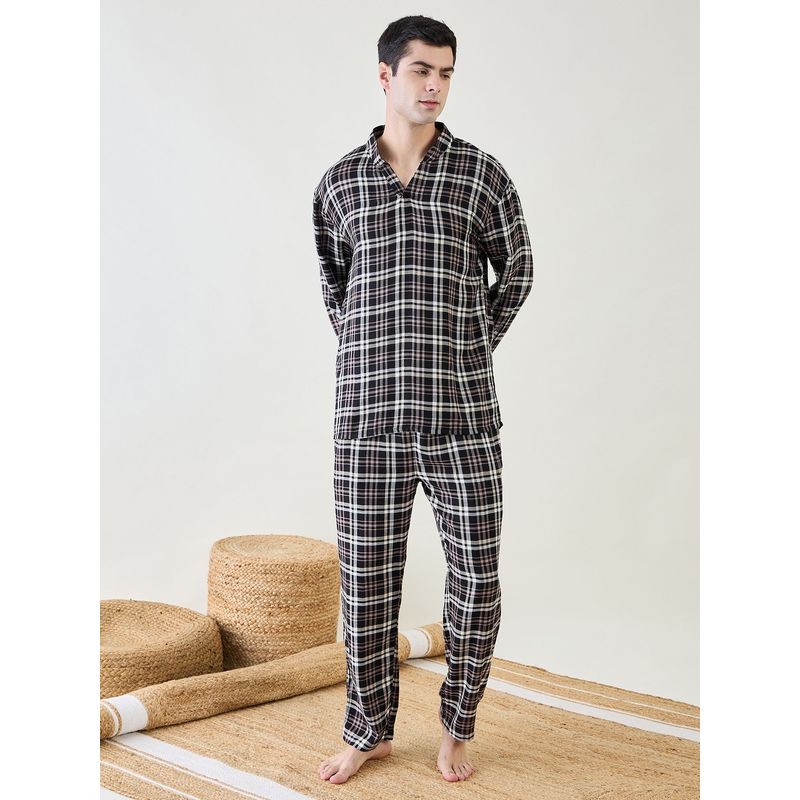 The Kaftan Company Mens Black Checks Top and Pyjama (Set of 2) (M)