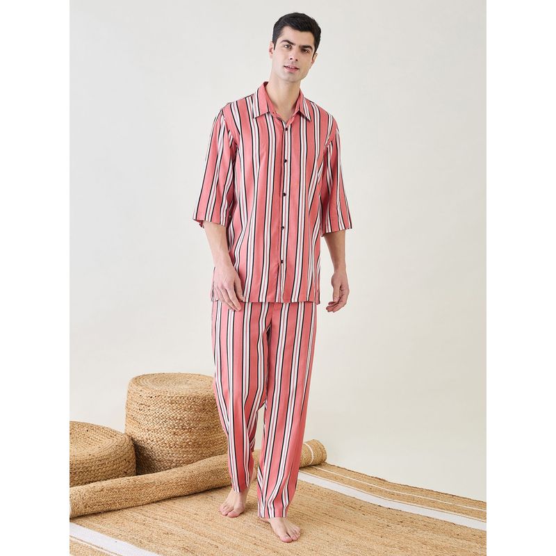The Kaftan Company Mens Pink Striped Shirt and Pyjama (Set of 2) (S)