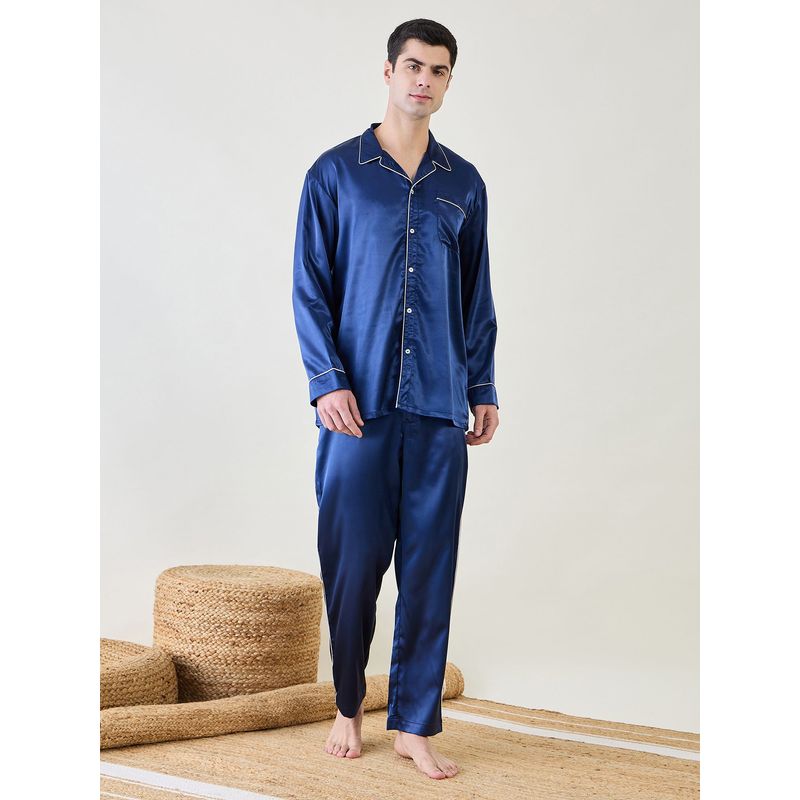 The Kaftan Company Mens Blue Satin Night Suit (Set of 2) (S)
