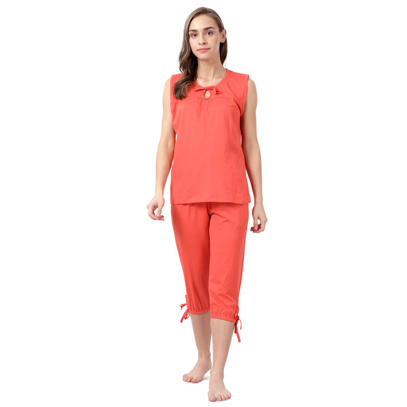 Shyaway Women Solid Top & Capris Set - Orange (XL)