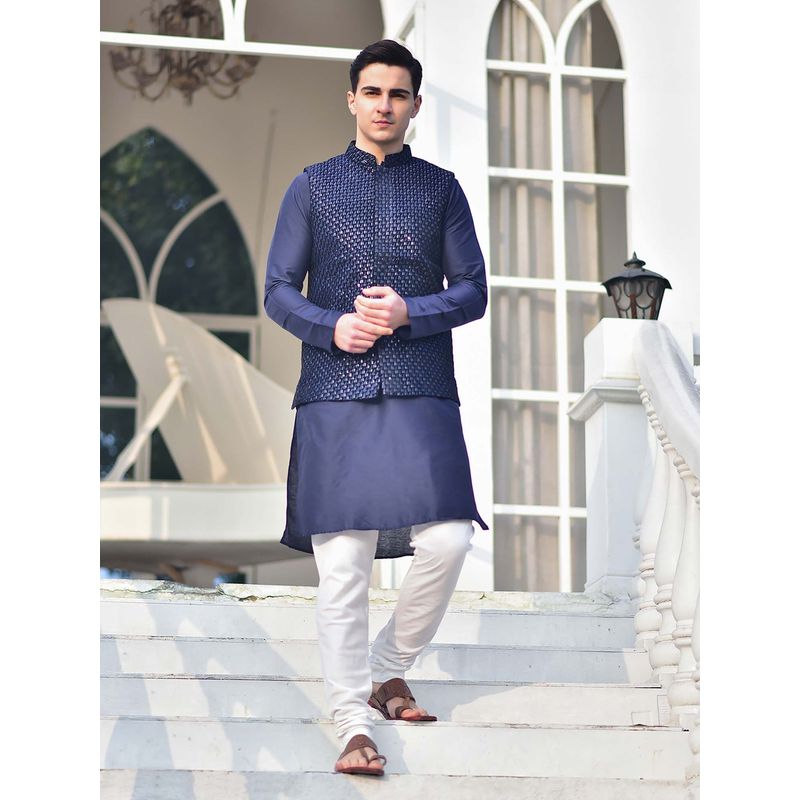 House of Deyann Blue Embroidered Velvet Fabric Nehru Jacket with Kurta & Churidar for Men (Set of 3) (S)