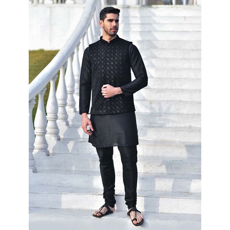 House of Deyann Black Embroidered Velvet Fabric Nehru Jacket with Kurta & Churidar for Men (Set of 3) (S)