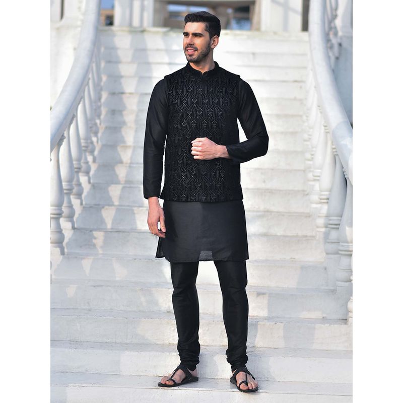 House of Deyann Black Embroidered Velvet Fabric Nehru Jacket with Kurta & Churidar for Men (Set of 3) (M)