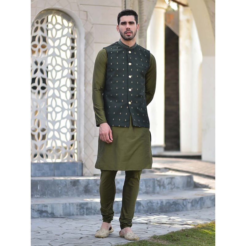 House of Deyann Green Cotton Jacquard Woven Nehru Jacket with Kurta & Churidar for Men (Set of 3) (S)