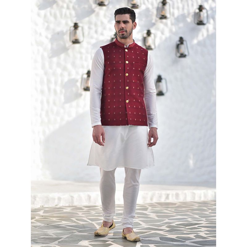 House of Deyann Red Cotton Jacquard Woven Nehru Jacket with Kurta & Churidar for Men (Set of 3) (S)