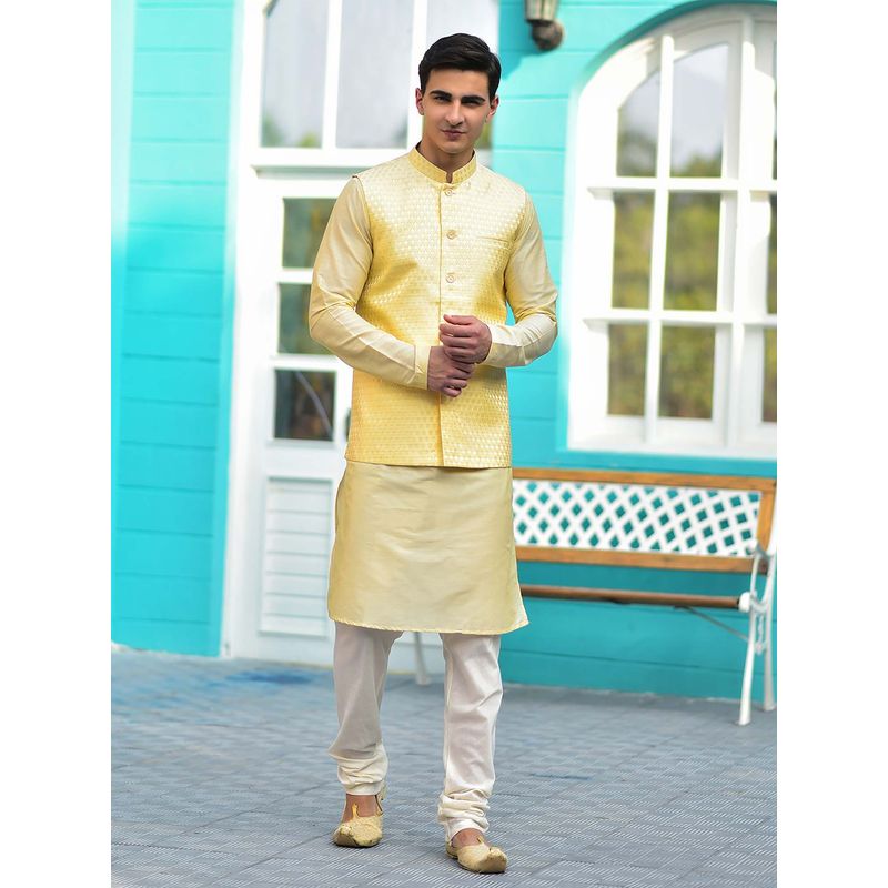 House of Deyann Cream Jacquard Silk Woven Design Nehru Jacket with Kurta & Churidar for Men (Set of 3) (S)