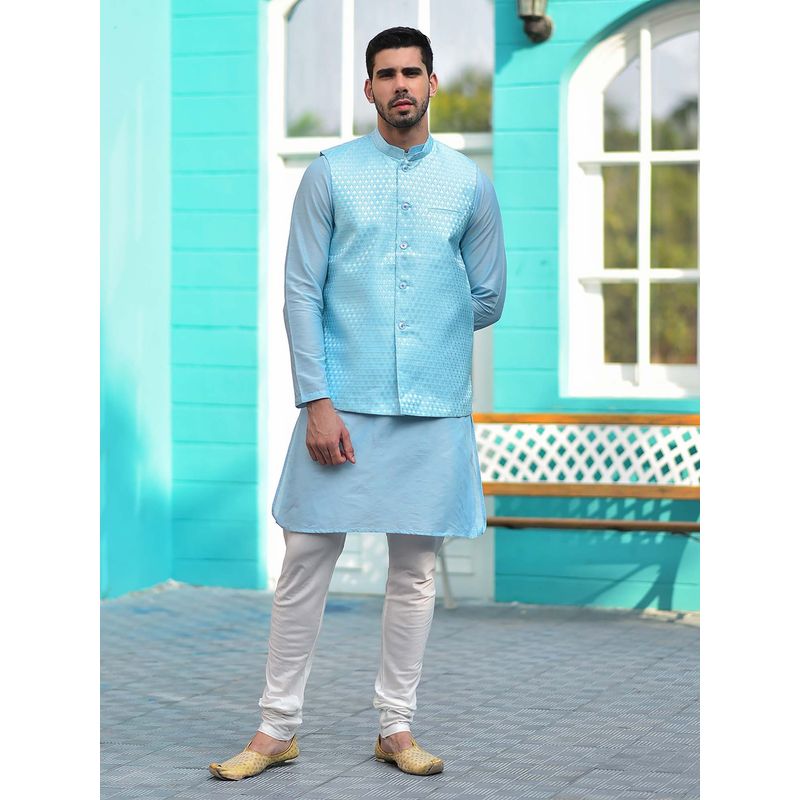 House of Deyann Blue Jacquard Silk Woven Design Nehru Jacket with Kurta & Churidar for Men (Set of 3) (S)