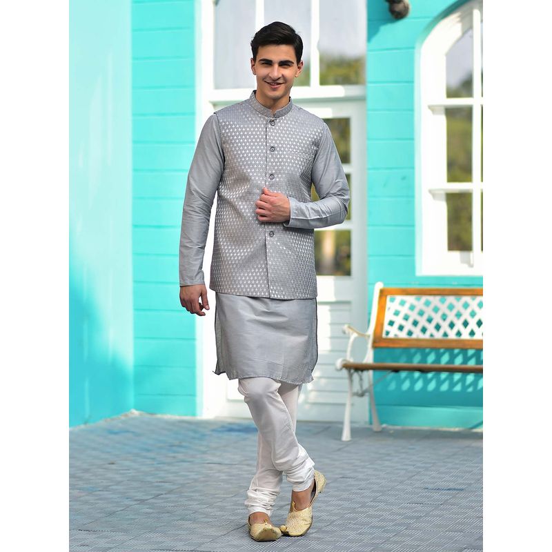 House of Deyann Silver Jacquard Silk Woven Design Nehru Jacket with Kurta & Churidar for Men (Set of 3) (S)