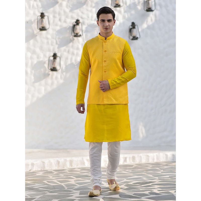 House of Deyann Yellow Jacquard Silk Woven Design Nehru Jacket with Kurta & Churidar for Men (Set of 3) (S)