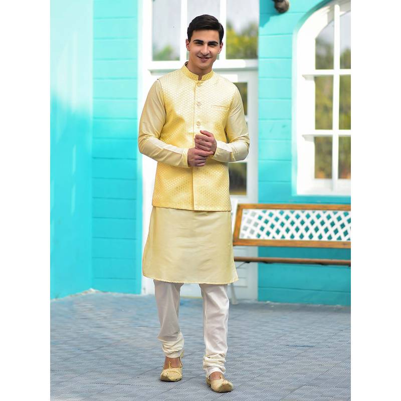 House of Deyann Cream Jacquard Silk Woven Design Nehru Jacket with Kurta & Churidar for Men (Set of 3) (S)