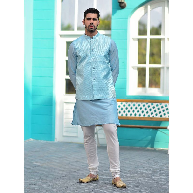 House of Deyann Blue Jacquard Silk Woven Design Nehru Jacket with Kurta & Churidar for Men (Set of 3) (S)