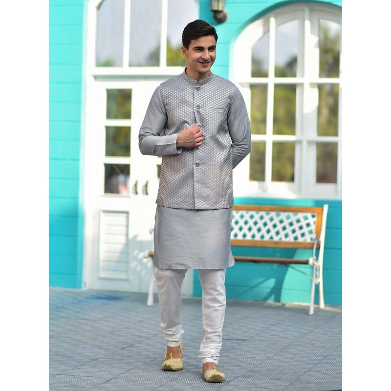 House of Deyann Silver Jacquard Silk Woven Design Nehru Jacket with Kurta & Churidar for Men (Set of 3) (S)
