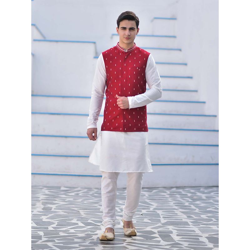 House of Deyann Red Cotton Jacquard Woven Nehru Jacket with Kurta & Churidar for Men (Set of 3) (S)