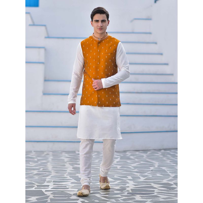 House of Deyann Mustard Cotton Jacquard Woven Nehru Jacket with Kurta & Churidar for Men (Set of 3) (S)